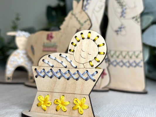 Wood Embroidery Nativity Set