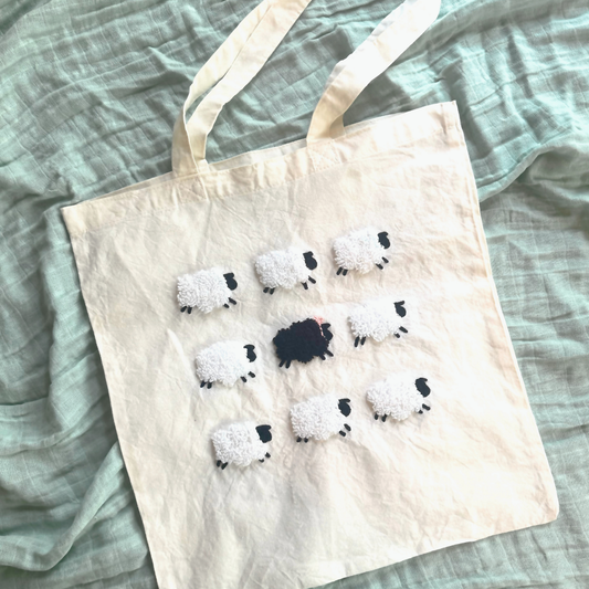 Baa Baa Black Sheep Tote Bag Floss Punch Embroidery Kit