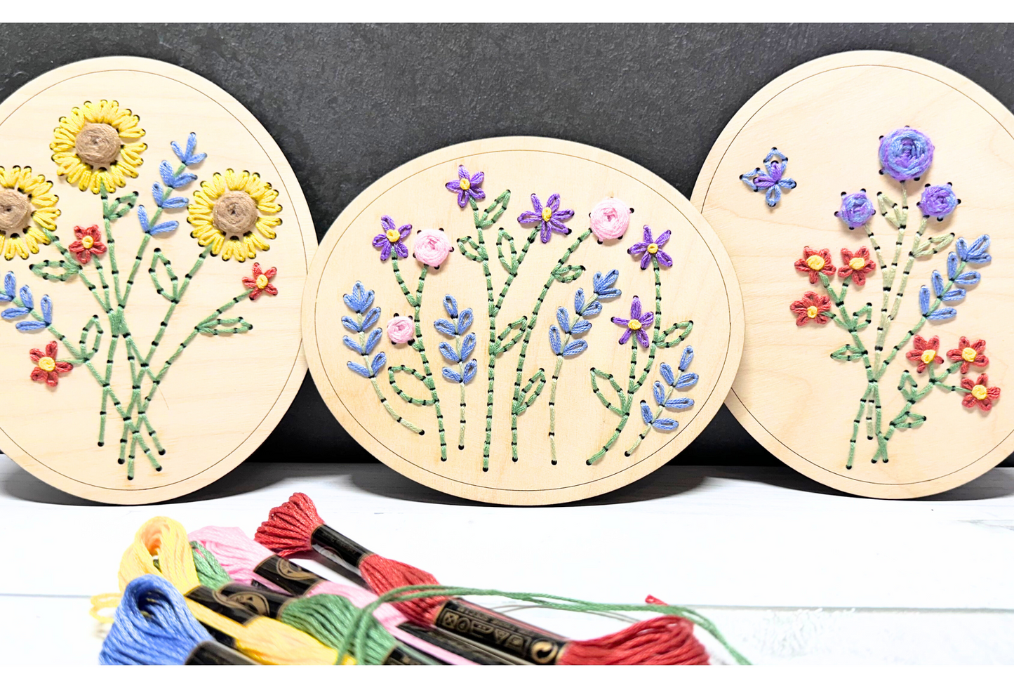 Floral Wood Hand Embroidery Kit 3 pack