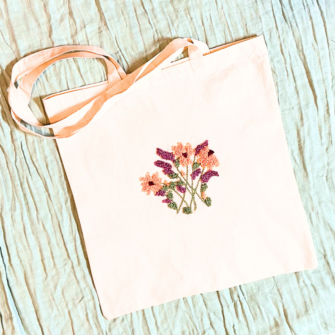 Floral Tote Bag Floss Punch Embroidery Kit